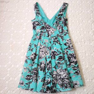 Taylor Fit Flare Dress Sleeveless V Neck Blue Black Floral Pleat Skirt 10 Women
